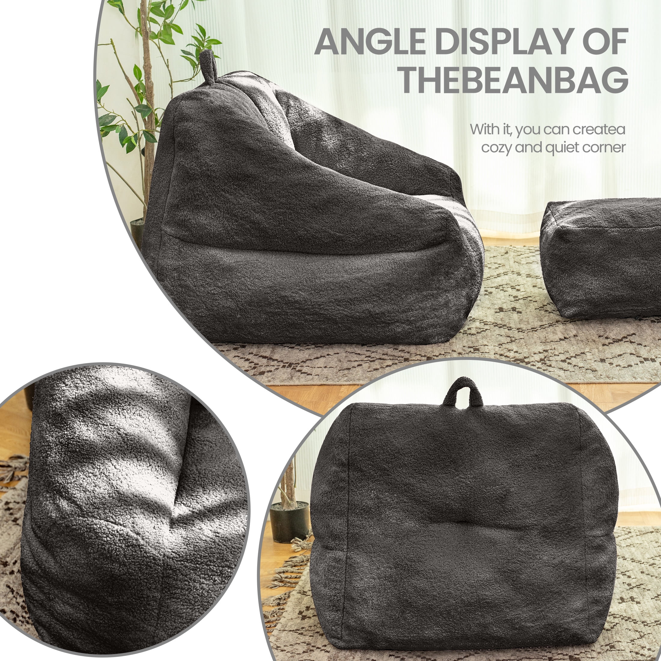 Aukfa Bean Bag Chair with Ottoman, Soft Fluffy Teddy Upholstered Pouf with Foot Rest for Living Room, Black