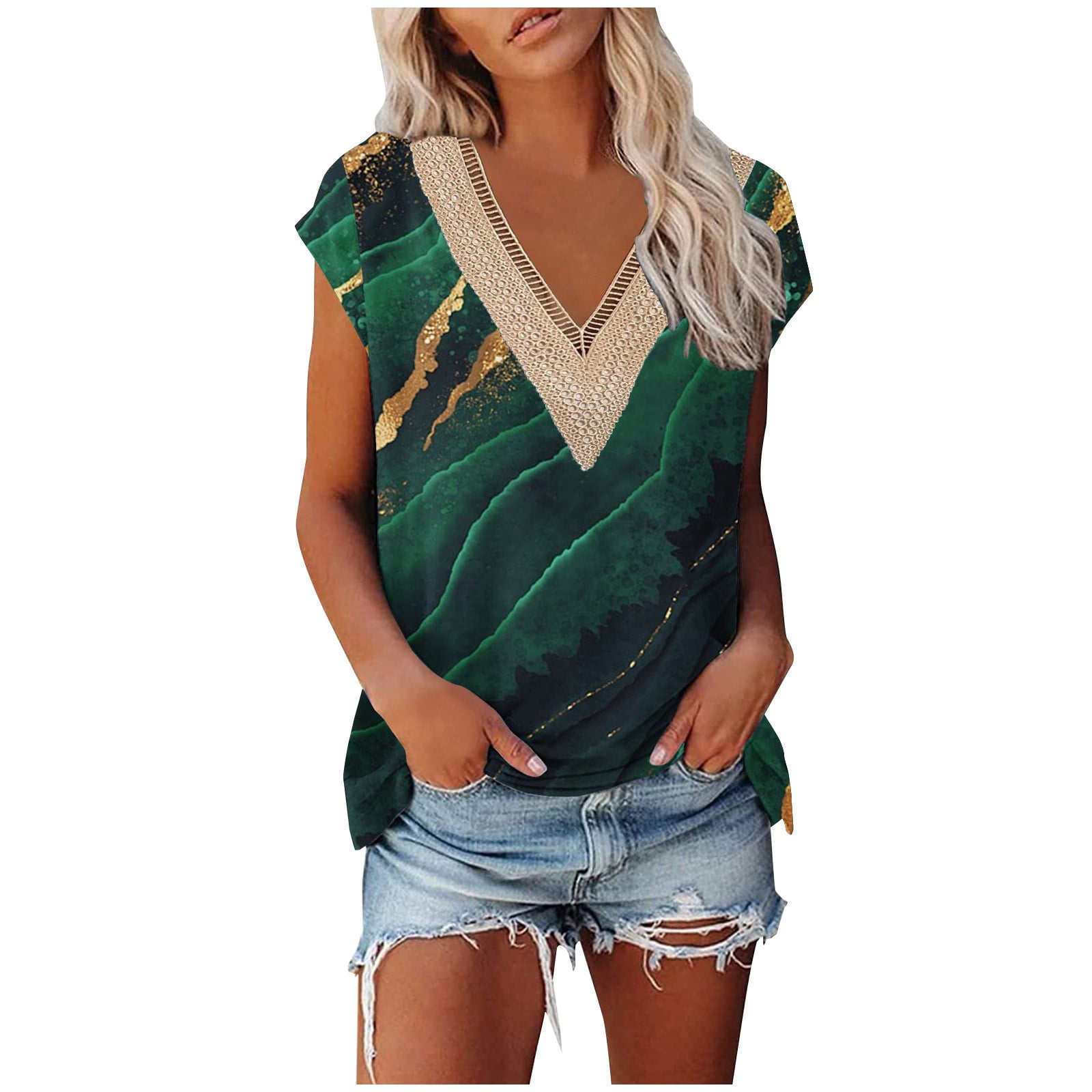 QENGING Womens Clothes Tops Fit V-Neck Lace Patchwork Short Sleeve Top  Blouse Olive Green XL Summer Clearance 