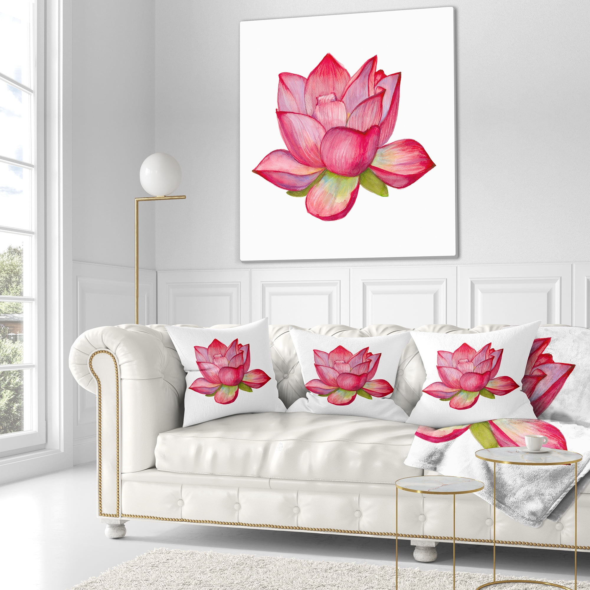 Designart Pink Lotus Watercolor Illustration - Flower Throw Pillow - 18x18