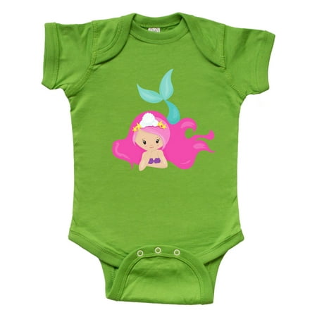 

Inktastic Cute Mermaid Pink Hair Green Tail Gift Baby Girl Bodysuit
