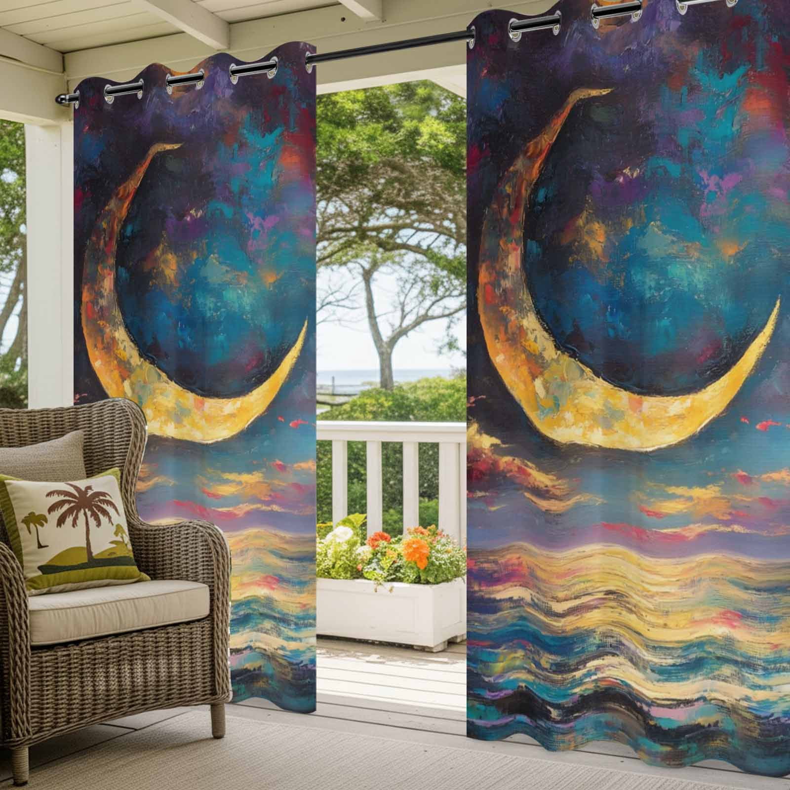 Crescent Moon Outdoor Curtains for Patio, Dreamy Gold Dark Purple Night Ocean Sunshade Privacy Drapes Grommet Waterproof Outside Curtains for Porch/Cabana/Balcony 54"x 108", 1 Panel