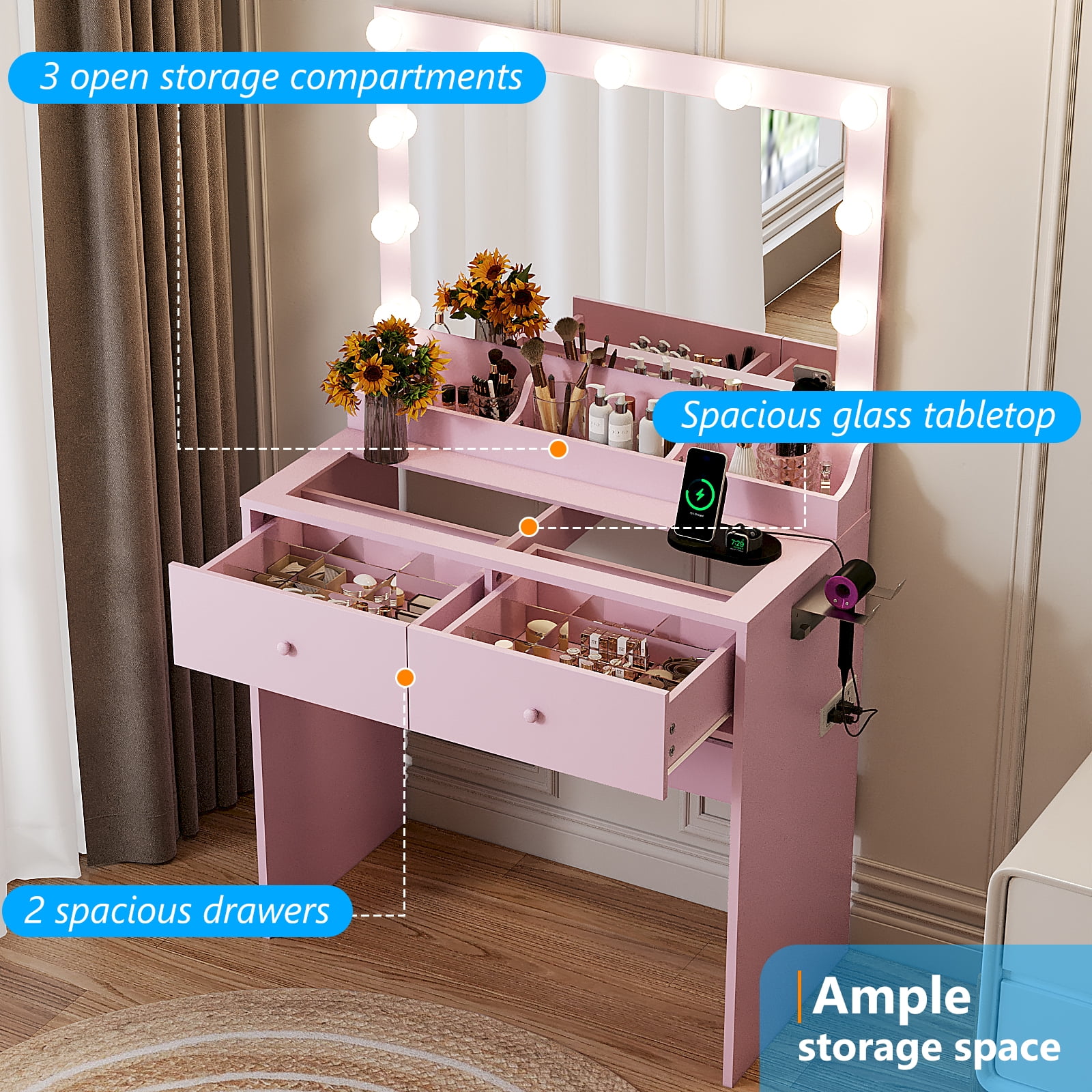 Zimtown Vanity with Mirror and Light, Makeup Desk  with Charging Station and Storage, Dressing Table with Hair Dryer Rack for Bedroom, Light Pink