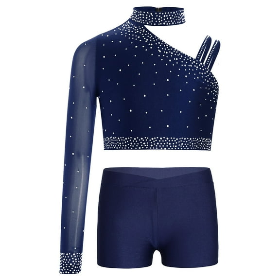 Miutii Kids Girls Dance Outfit 2 Piece Shiny One Shoulder Crop Top with Shorts Gymnastics Yoga Workout Activewear Navy Blue 8