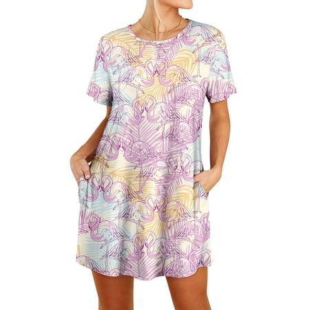 

MHL Women Flamingo Leaf Pineapple Print Round Neck Short Sleeve Sleep Dress