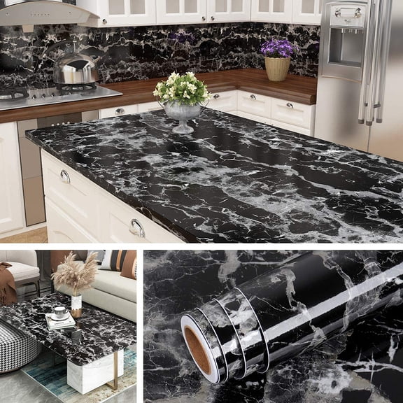 Peel and Stick Countertop Contact Paper Waterproof Kitchen Countertop Paper Black Marble Wallpaper Bathroom Counter Top Vinyl Wrap Desk Table Cabinet Covers Removable Backsplash 15.8x78.8