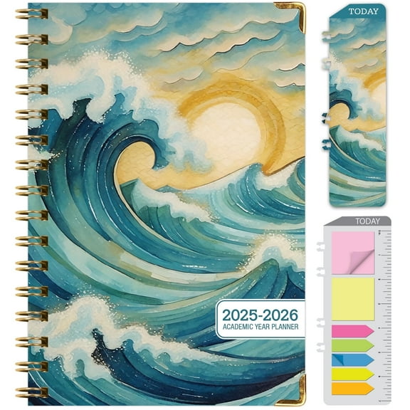 Academic Planner 2025-2026, Daily Weekly Monthly Yearly Planner, June 2025 - July 2026, 14 months, 5.5"x8", Bookmark, Pocket Folder and Sticky Note Set (Ocean Waves)