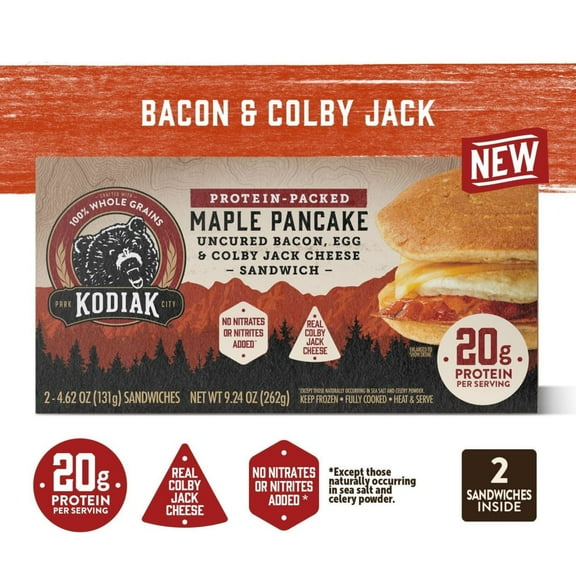 Kodiak Protein-Packed Frozen Breakfast Sandwiches, Bacon and Colby Jack, 2 Count