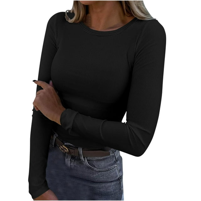 FAIWAD Haut Court en Tricot à Manches Longues pour Femme, Col Rond, Basique Automne Hiver, Ajusté, Extensible, Côtelé