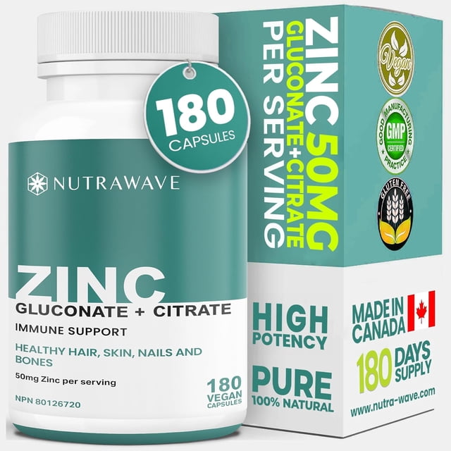 Nutrawave Zinc 50Mg Gluconate + Citrate Capsules, featuring a bottle of 180 vegan capsules with a teal and white label. The packaging highlights immune support, healthy hair, skin, nails, and bones, with 50 mg of zinc per serving. The box displays certifications such as vegan, gluten-free, GMP certified, and made in Canada, emphasizing high potency and purity.