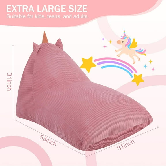 Unicorn Kid Beanbag Chair with Filler, Toddler Lounge Bean Chair Corduroy, Lazy Floor Lounger for Girls and Boys Stuffed, Pink