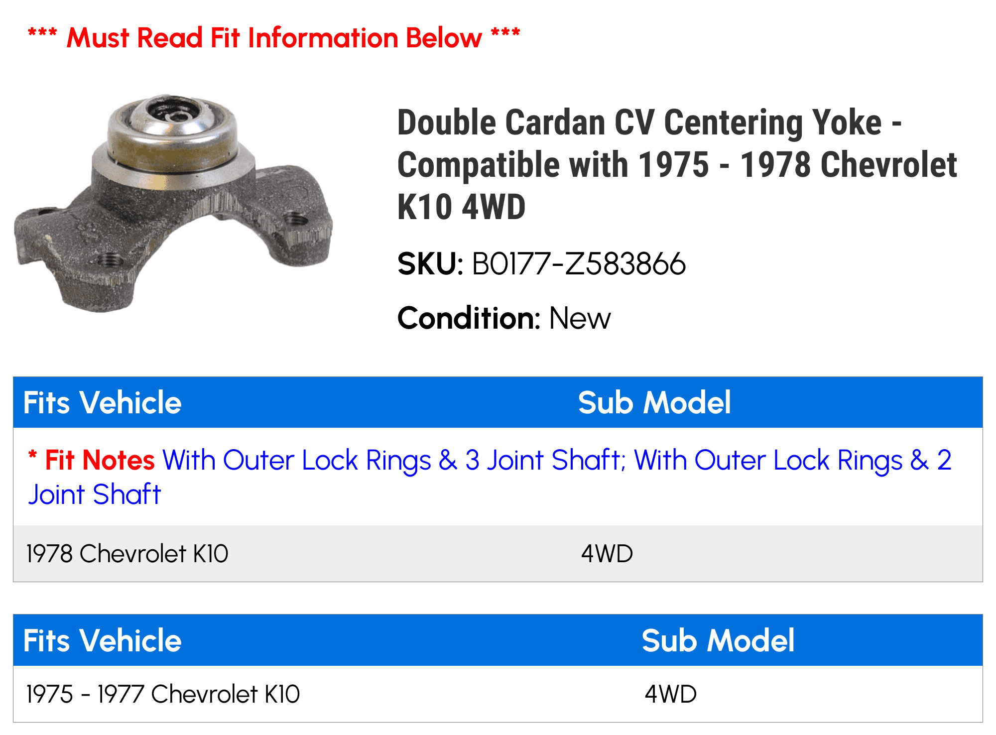 Double Cardan CV Centering Yoke - Compatible with 1975 - 1978 Chevy K10 4WD  1976 1977 - Walmart.com