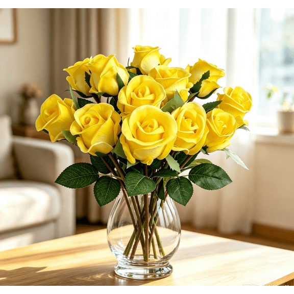 Damkogic Yellow Artificial Roses Real Touch Flowers – 6 Pcs UV Resistant Fake Rose Bouquet 20 Inch Long Stems for Wedding Centerpieces Home Table Outdoor Decor
