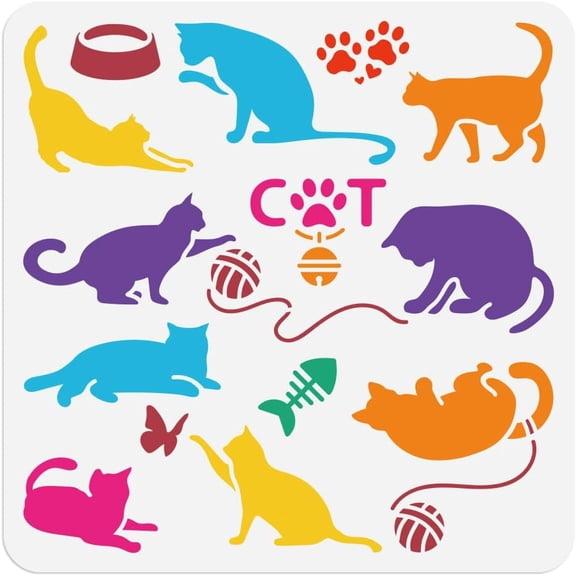 Cat Playing Stencil for Painting 11.8"x11.8" Reusable Plastic Kitten Stencil Drawing Template Animal DIY Craft Paint Template for Wall Home Decor Wood Burning Card Journal Paper