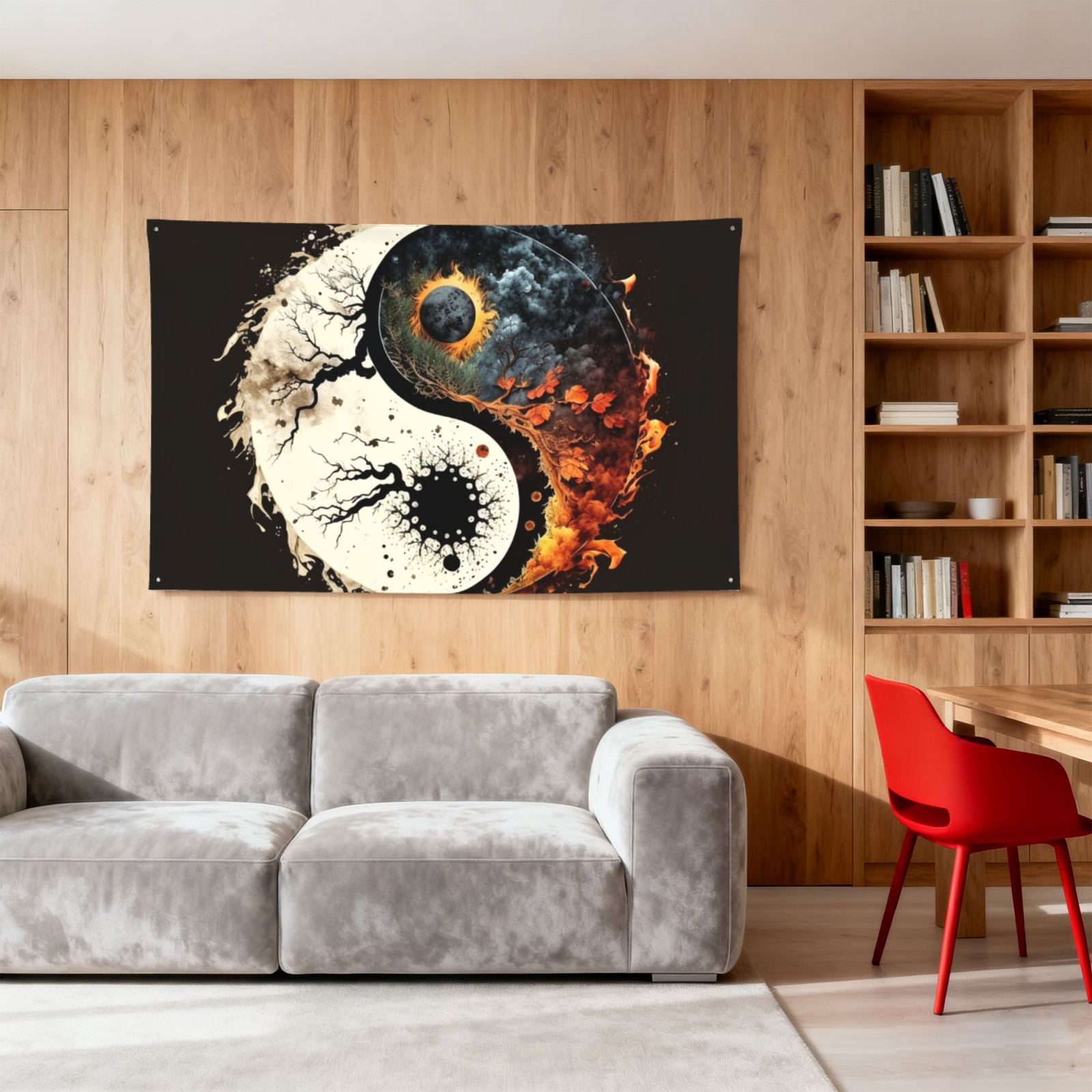 Round Oriental Symbol Burning Four Hole Decorated Banner Flag for Garden Yard Home Decoration Indoor Outdoor 4x6 Ft