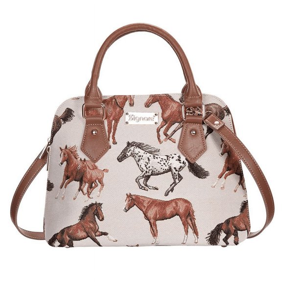 Signare Tapestry Running Horse Brown and Beige Convertible Top Handle Bag