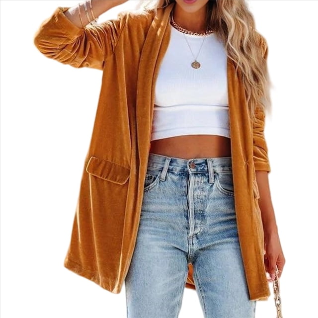 Cárdigan de Terciopelo de Larga para Mujer, Cuello de Solapa, Abertura Frontal, Suéter Vintage con Bolsillo. XXL