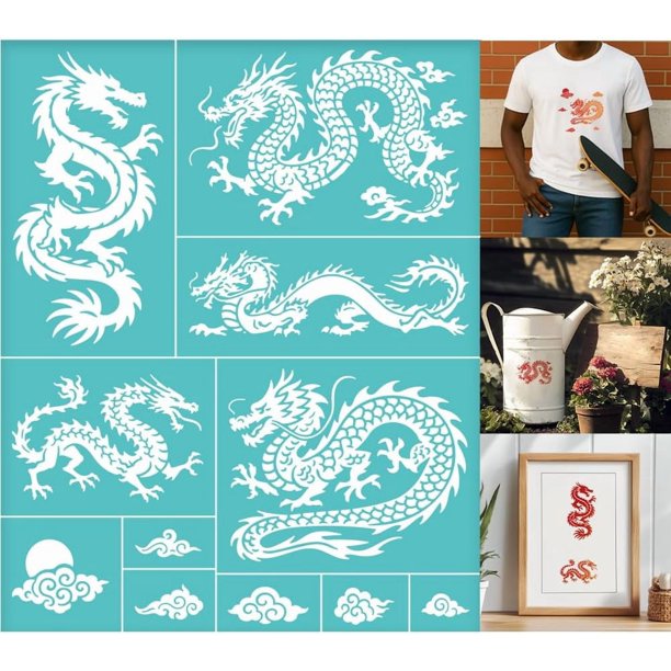 Plantillas de serigrafía de 2 hojas: Dragón Oriental y Nube Auspiciosa. Plantillas reutilizables autoadhesivas para impresión en serigrafía.