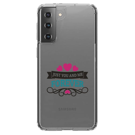 DistinctInk Clear Shockproof Hybrid Case for Galaxy S21  PLUS 5G (6.7" Screen) - TPU Bumper Acrylic Back Tempered Glass Screen Protector - Just You And Me Forever