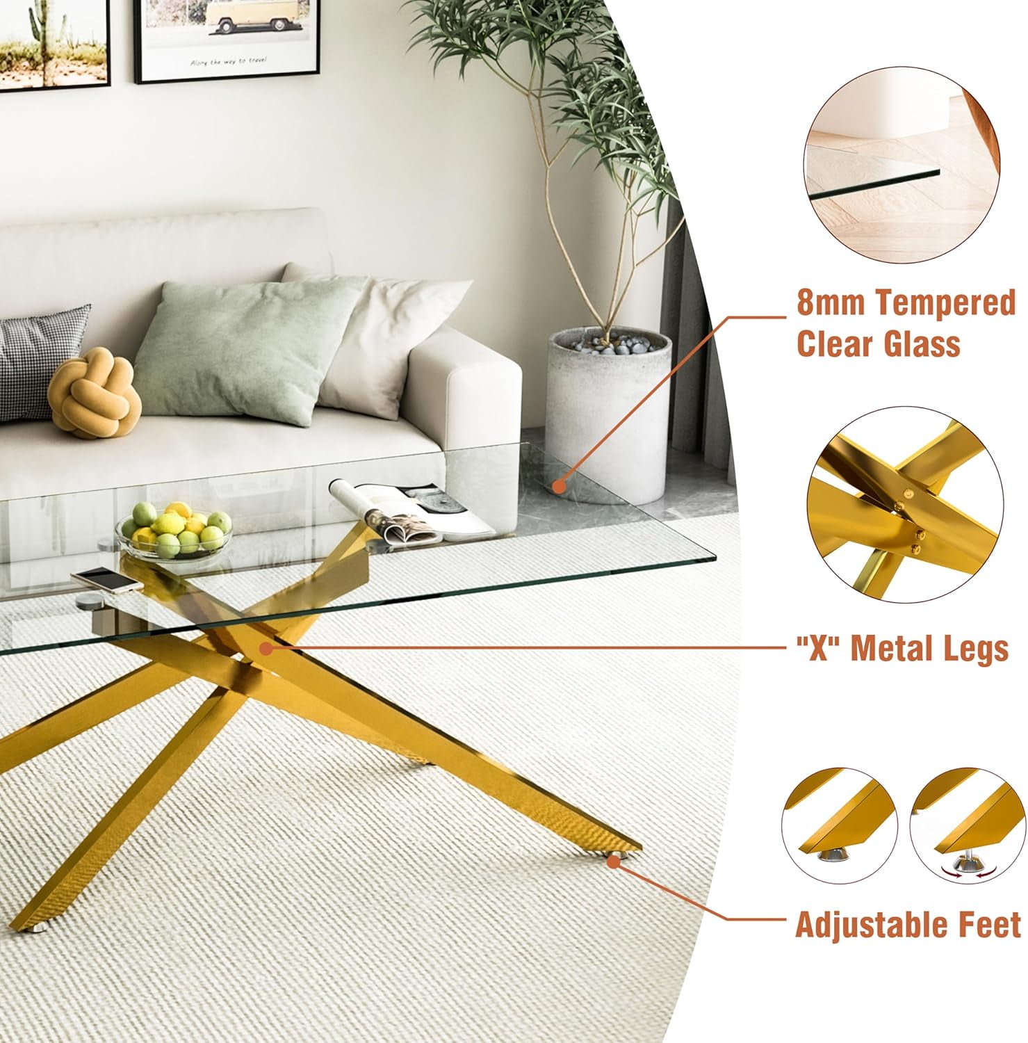 Glass Coffee Table, Holaki 47.2" Clear Rectangle Glass Coffee Table, Modern Coffee Table with Metal Legs, Center Table Sofa Table Home Furniture for Living Room