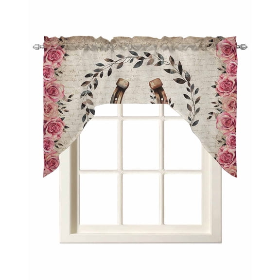 Pink Roses Swag Valances for Windows, Small Curtains Drapes, Spring Horseshoes Floral Leaves Vintage Kitchen Window Curtains Over Sink Rod Pocket Window Treatment Valance for Bedroom/Bathroom 56"x36"
