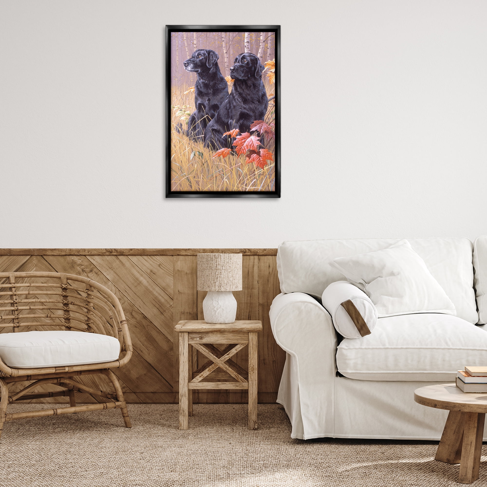 Stupell Industries Autumnal Black Dogs Animals Painting Black Floater Framed Canvas Art Print Wall Art, 21 x 31