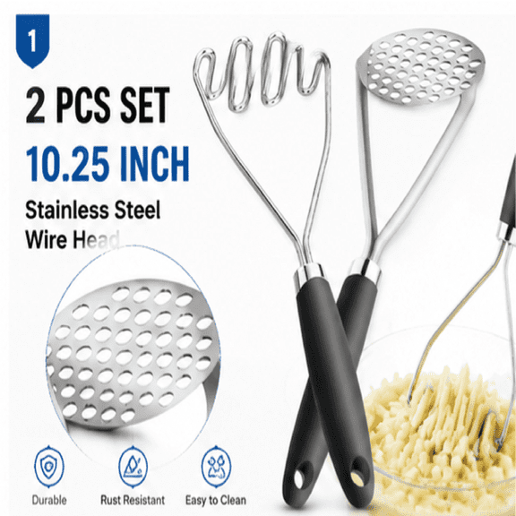 PLERISE 2-Piece Potato Masher Set, 10.25 Inch Stainless Steel Wire Masher with Honeycomb Design for Vegetables Fruit Melon, Black