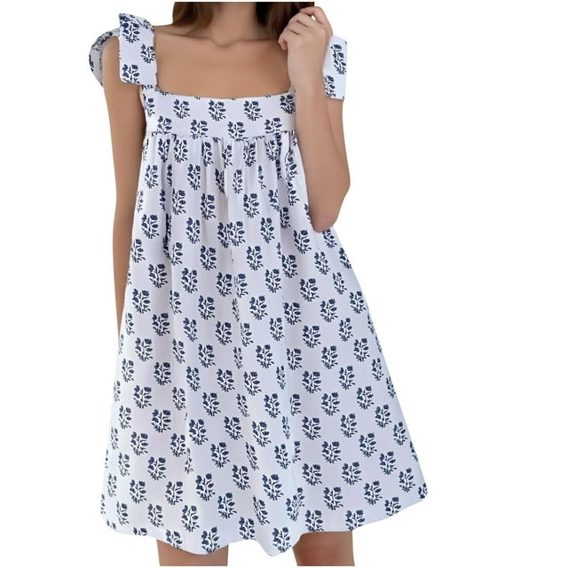 VEKDONE Robe d'Été Courte Décontractée à Lacets Imprimée Florale Bleue P