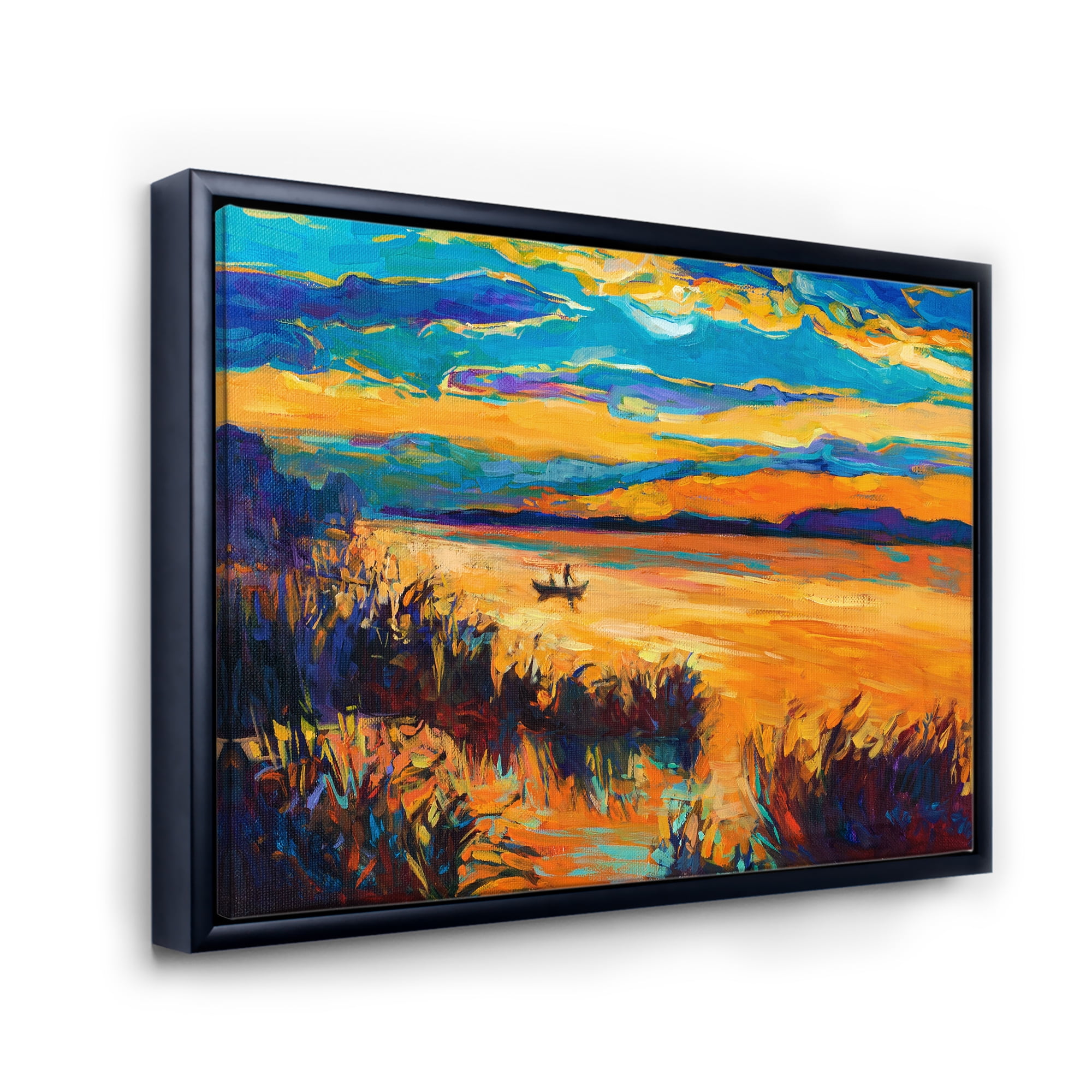 Designart 'Little Boat At The Horizon Of A Lake During Evening Glow' Nautical & Coastal Framed Canvas Wall Art Print