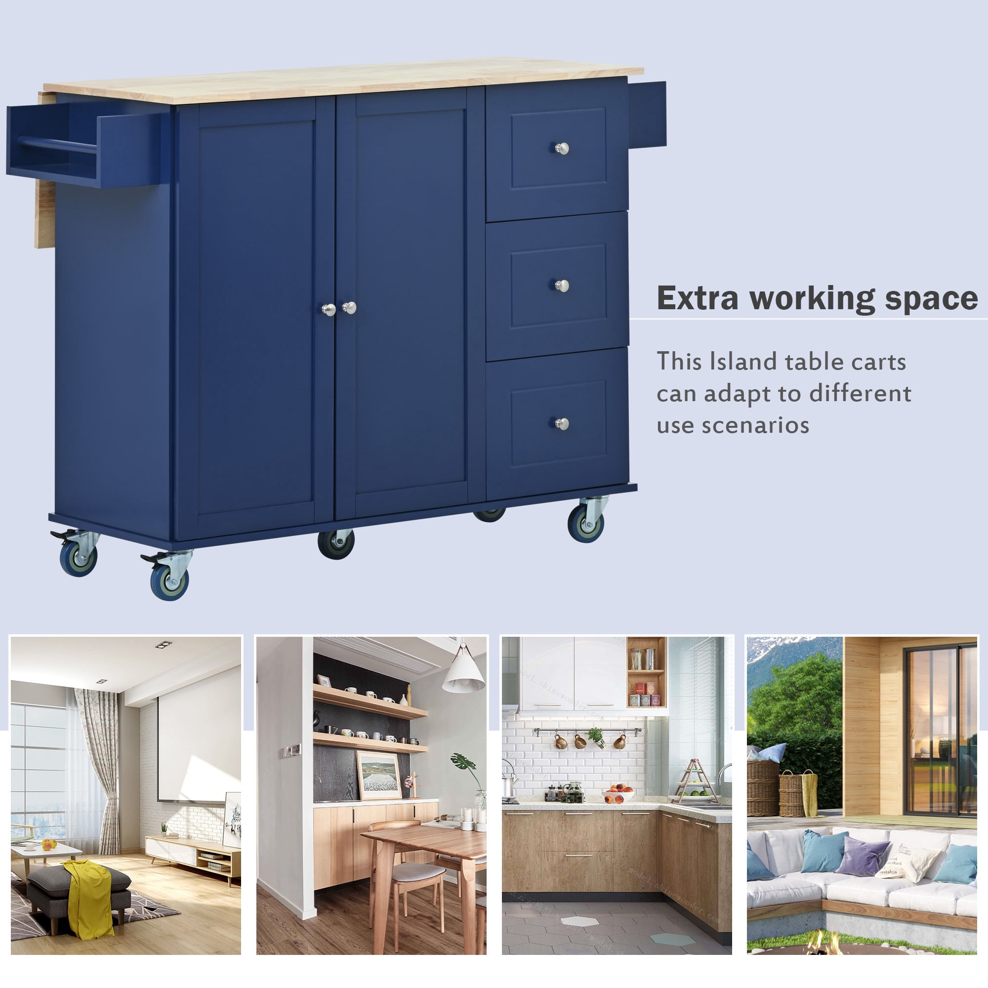 DEALTOPS Rolling Kitchen Islands with Storage Cabinets, Solid Wood Blue, 52.76 in