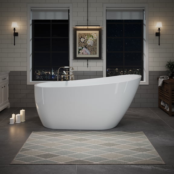 LiviNest 63" Acrylic Freestanding Bathtub: Deep Soaking Tub with Pop-up Drain & Heat Retention - Contemporary Stand Alone Bath Tub for Apartment Spa & Home Upgrade | Glossy White Finish & Ergonomic D