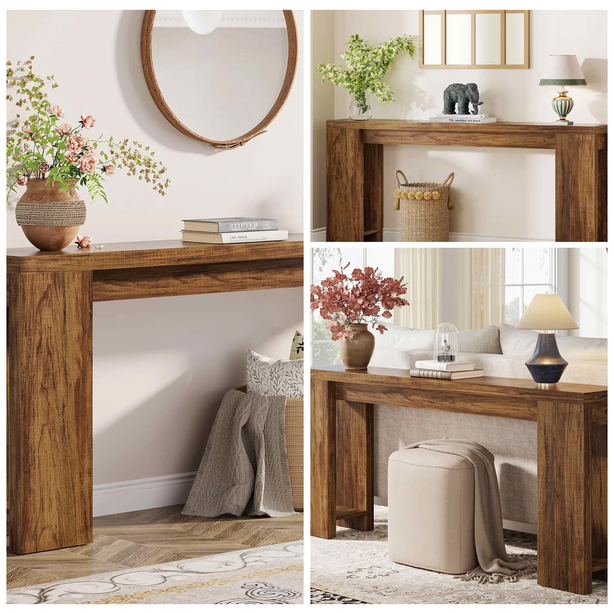 MAYEERTY 70.9" Extra Long Farmhouse Narrow Console Table, 2" Thick Rustic Brown MDF Sofa Table with Adjustable Floor Pads