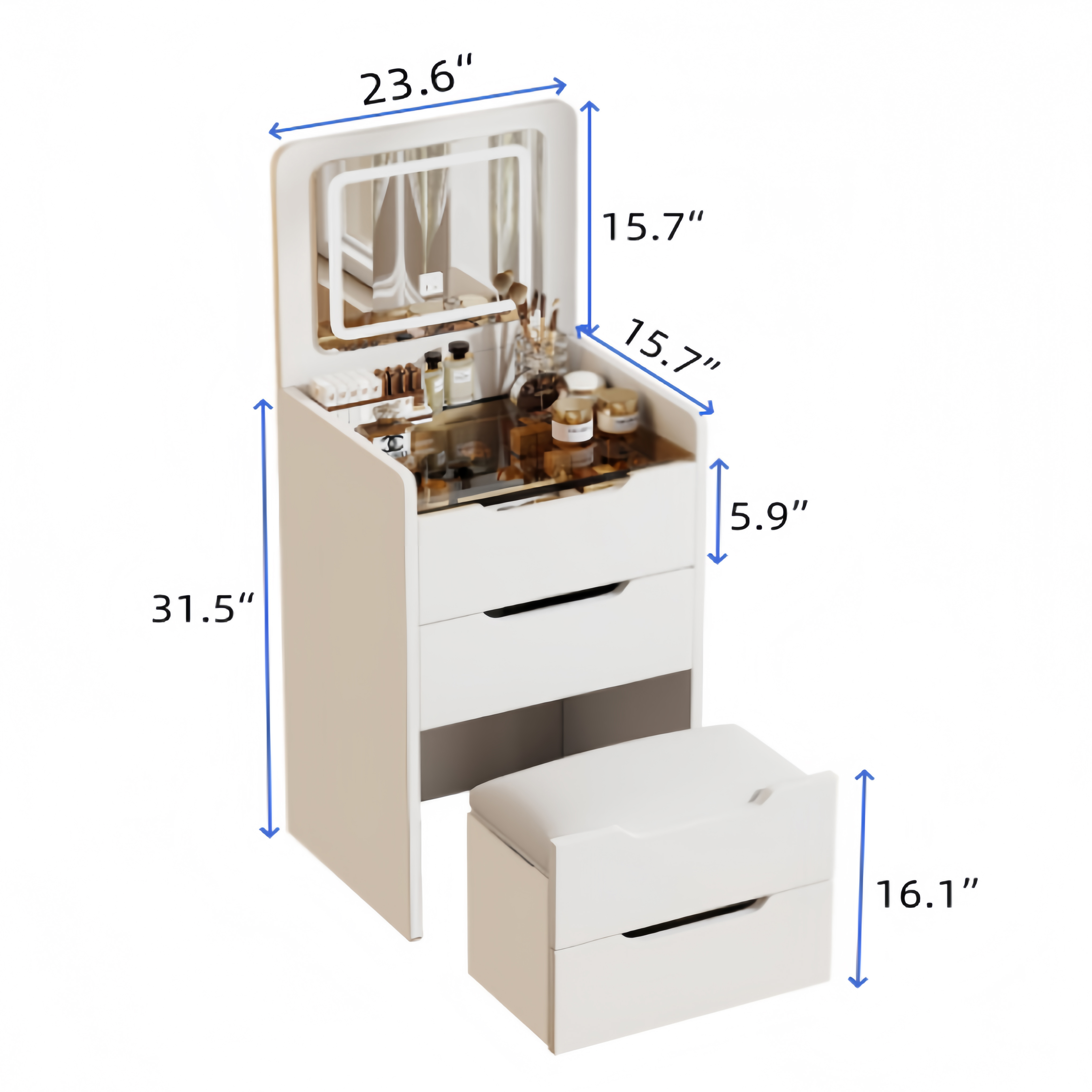 Miniyam Vanity Desk with Lighted Flip Mirror, Drawers and Storage Stool for Adults, White