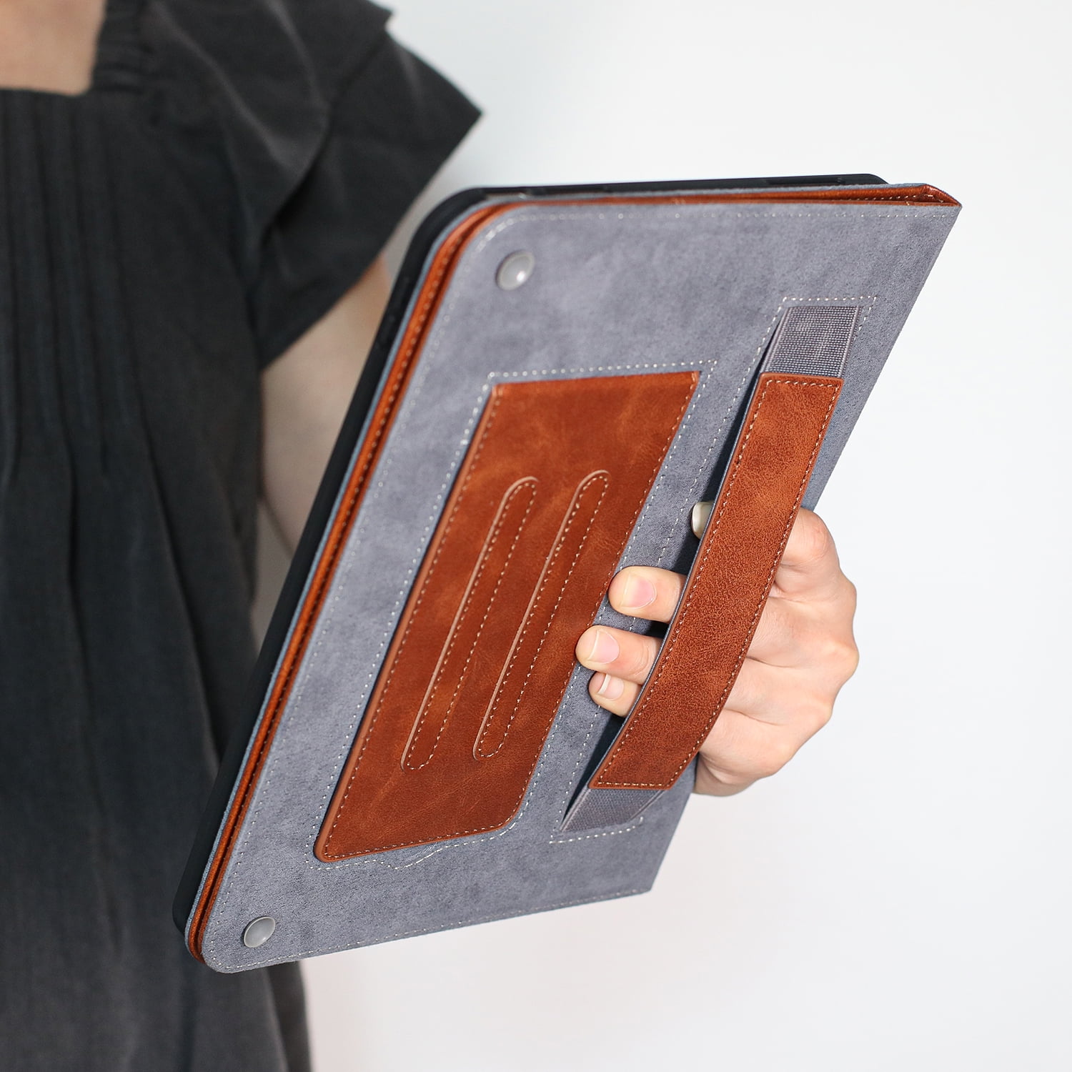 Case for Universal 9.5-10.5 Inch, Premium PU Leather Elastic Hand Strap Card Holder Foldable Muti-Angle Stand Folio Cover for iPad / Samsung / Amazon Kindle / Lenovo / Onn, Brown