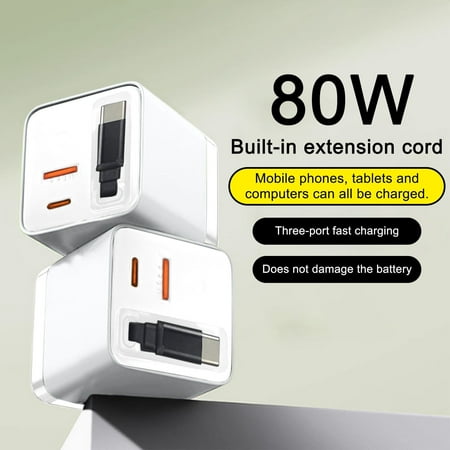 Retractable Chargers For Multiple Devices Retractable Usb C Charger 3 In 1 Charger Retractable Phone Charger Wall Plug With Scalable 80w Max Fast Charging Module Type C Cable(White 80w)