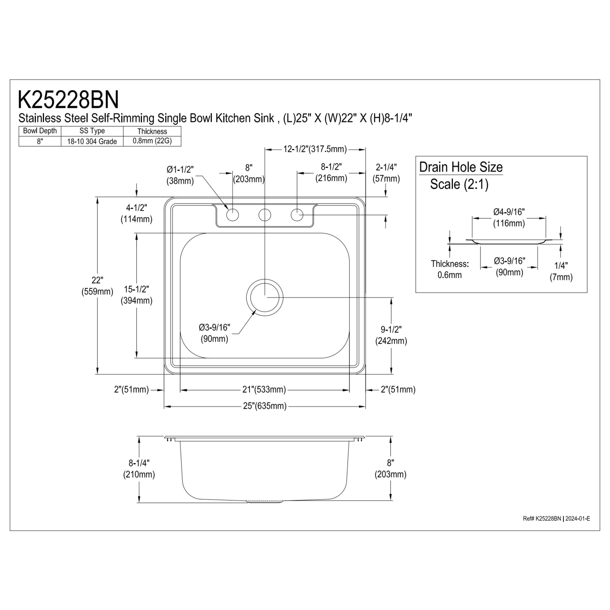 Carefree 25'' L x 22'' W Single Bowl Self-Rimming Kitchen Sink