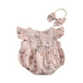 thumbnail image 2 of Baby Girls Spaghetti Strap Rompers Floral Print Backless Jumpsuit with Headband, 2 of 6
