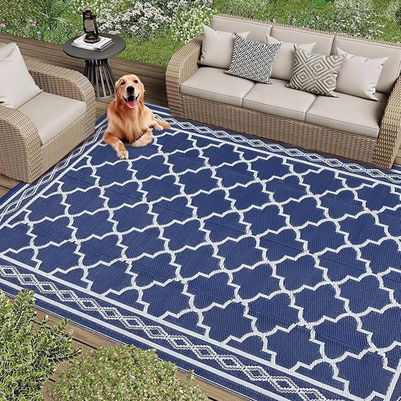 Outdoor Rug 8x10 Reversible Mats, Plastic Straw Rug, Large Floor Mat and Rug for Outdoors, Modern Area Rug, Patio, Backyard, Deck, Picnic, Beach, Trailer, Camping, Navy/White(Geometric)