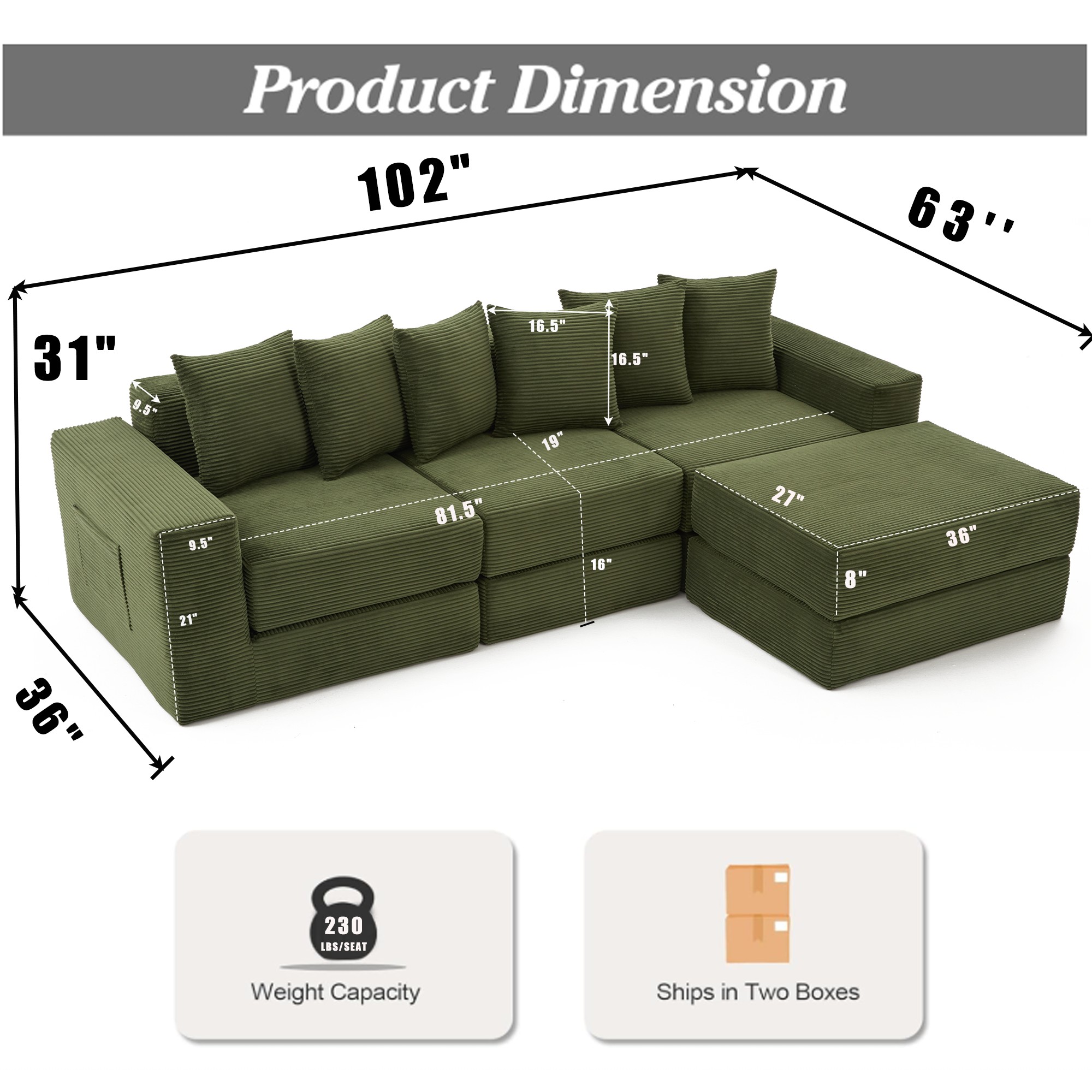Leumius Convertible Sectional Sofa,Corner Couch,Convertible Floor Sleeper Sofa,10-in-1 Corduroy Modular Sofa,Free Combination Sofa,No Assembly,6 Pillows,Green