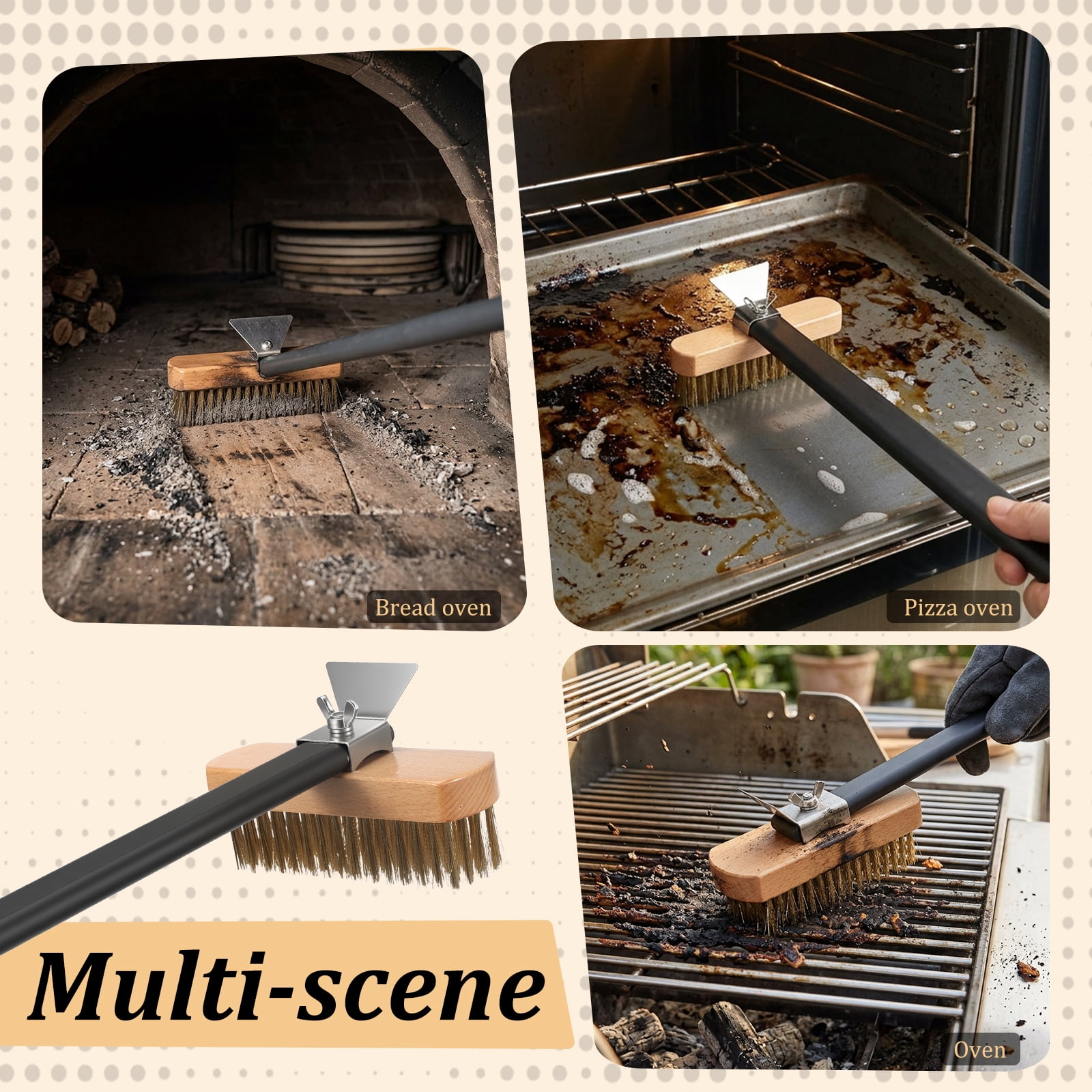 Pizza Oven Brush with Scraper Pizza Stone Cleaning Brush with Brass Bristles Barbecue Grill Cleaning Tool for Kitchen Baking