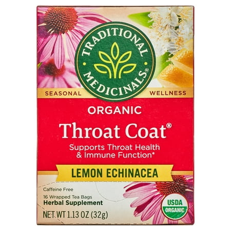 Traditional Medicinals Tea, Organic Throat Coat Lemon Echinacea, Tea Bags, 16 Count