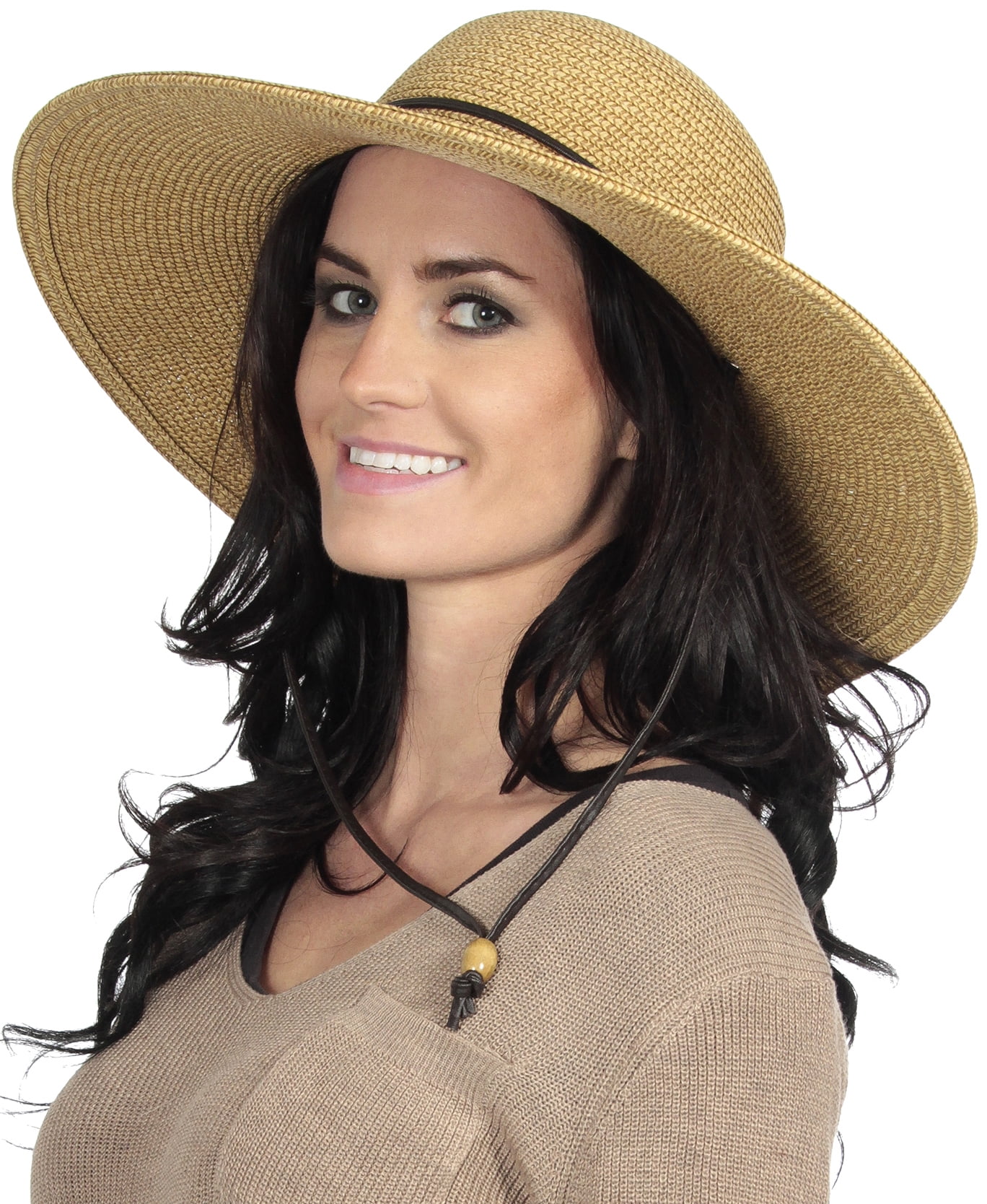 Simplicity Women's UPF 50+ Wide Brim Braided Straw Sun Hat with Lanyard NaturalBrown