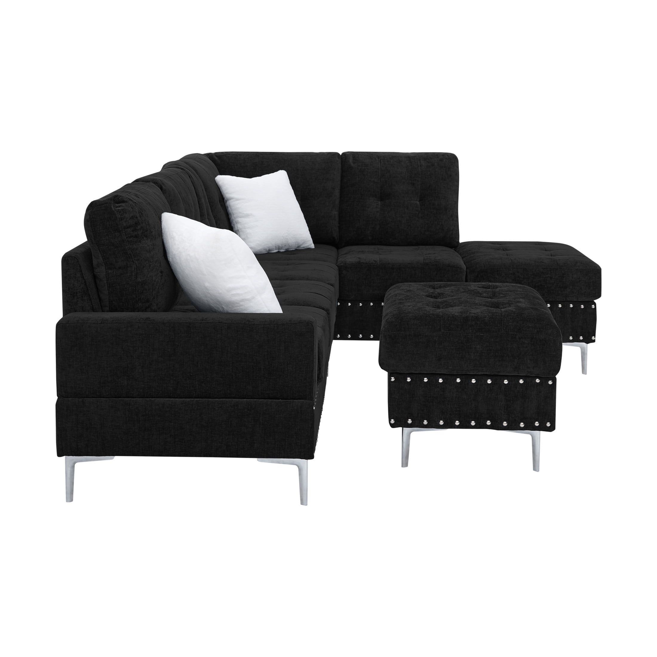 Noble House 102" L-Shaped Tufted Sectional Sofa, Chenille 3-Seater Couch with Storage Ottoman and White Pillows, Black