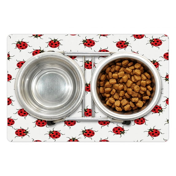 Ladybugs Pet Mat for Food and Water, Ladybugs Pattern Bunch of Bugs Infinite Speckled Marked Insect Theme Playroom Kids, Non-Slip Rubber Mat for Dogs and Cats, 18" X 12", by Ambesonne