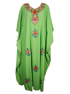 Mogul Womens Green Kimono Kaftan Dress Beautiful Floral Hand Embroidered Stylish Maxi Long Caftan One Size