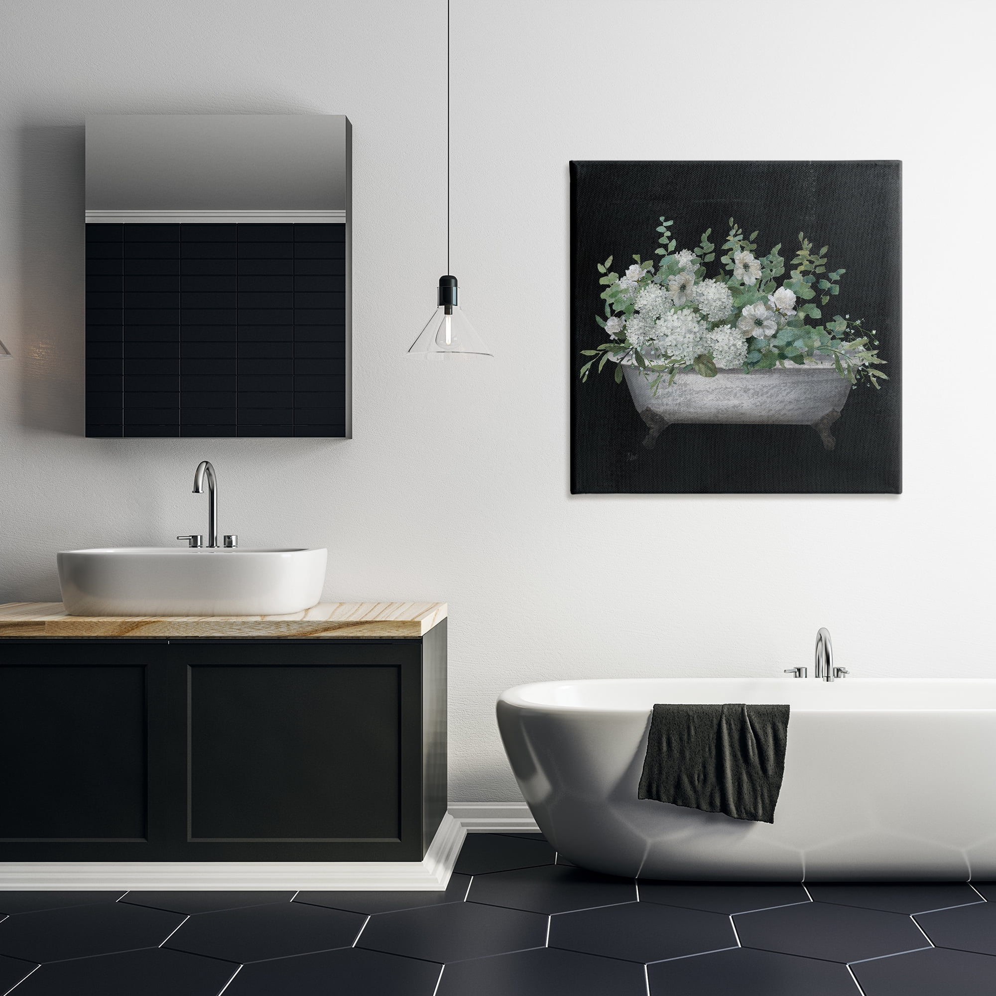 Stupell Industries Floral Bath on Black Typography Painting Gallery Wrapped Canvas Art Print Wall Art, 30 x 30