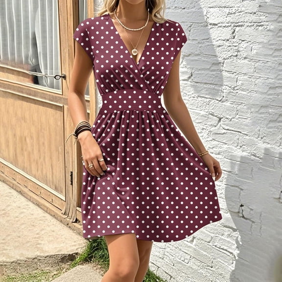 Neewe Womens Summer Midi Shirt Dresses Polka Dot V Neck Short Sleeve Tunic Waist Loose Dress Daily Outfit