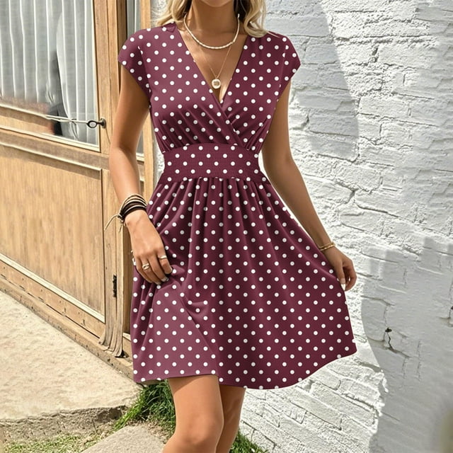 Robes d'Été pour Femmes 2025 Zeophrasy Femmes Été Col en V Uni Décontracté Manches Courtes Taille Mini Robe Liquidation Moins de 5