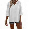 thumbnail image 4 of Htigea Women's 3/4 Sleeve Cotton Linen T Shirts Solid Color V-Neck Front Pleated Tees Summer Casual Daily Tops White S, 4 of 6
