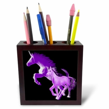 3dRose Fractal Color Outlined Purple Unicorns, Tile Pen Holder, 5-inch