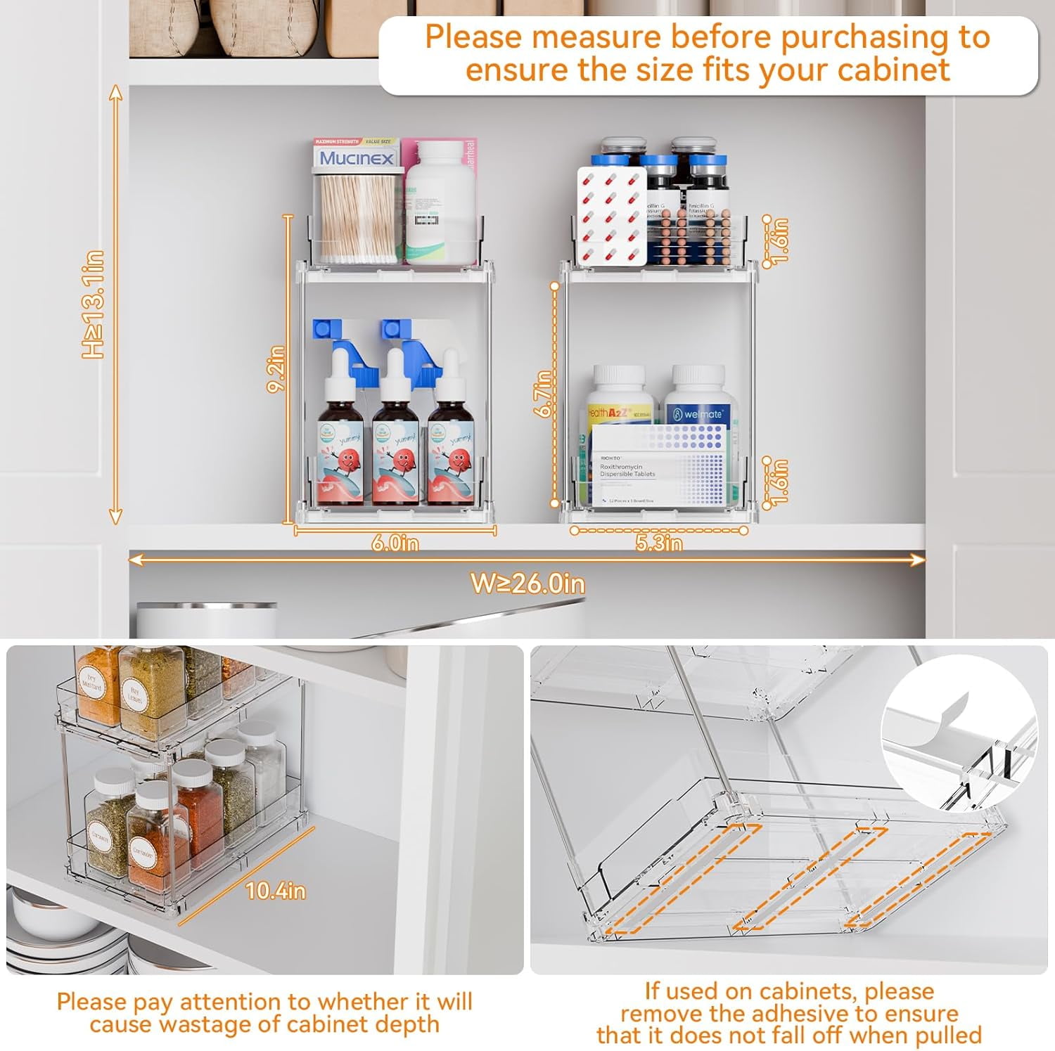 RGHJAR-2 Set,2 Tier Pull Out Cabinet Organizer for Supplement and Medication Bottle Organizers,10.4" Deep Pantry Organizers Drawer and Sliding Clear Under Sink Organizer for Bathroom Vanity and Under